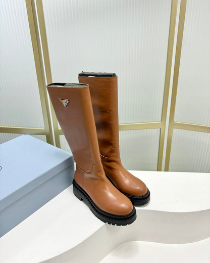 PRADA KNEE BOOTS WITH TRIANGLE LOGO IN CAMEL CALFSKIN