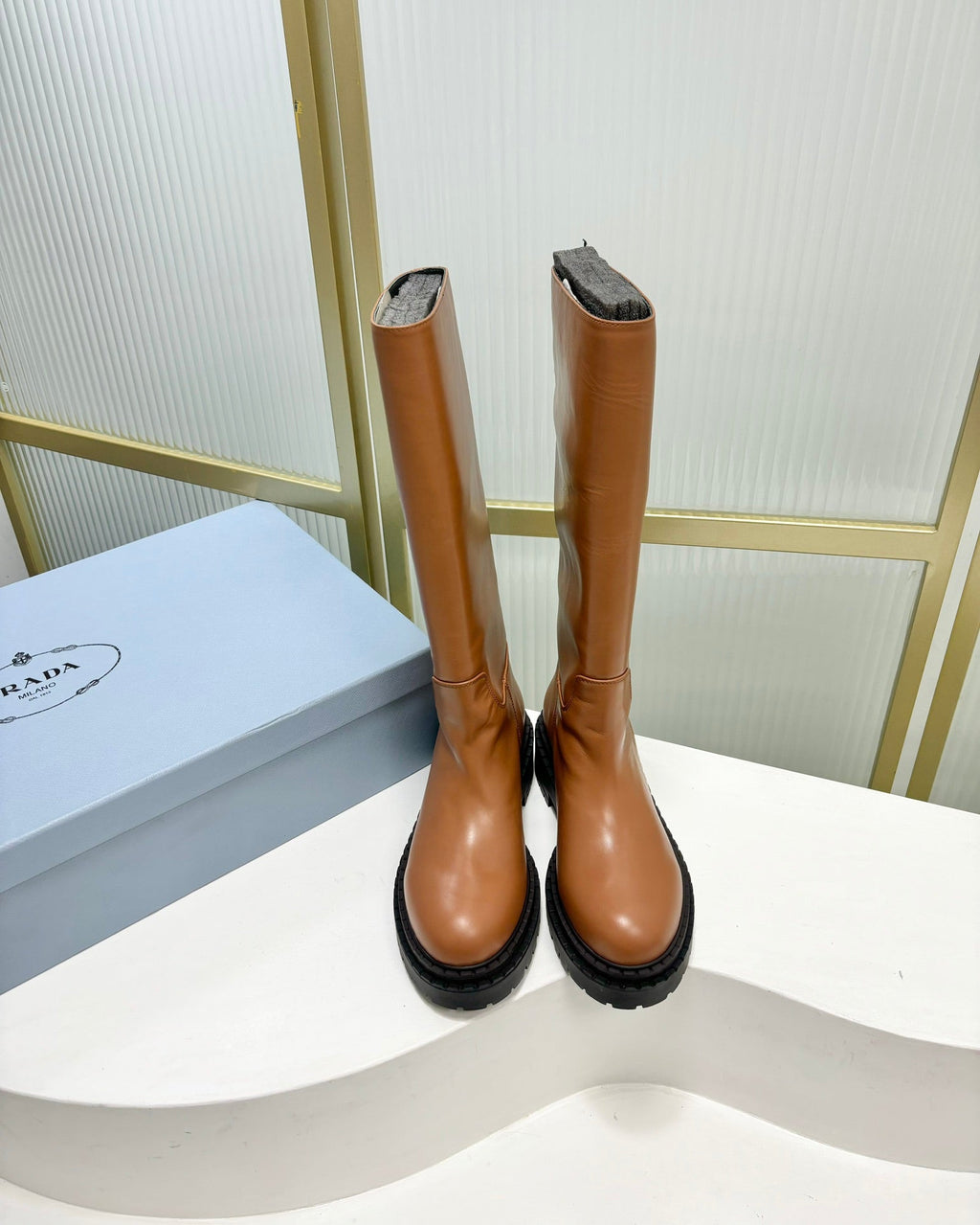 PRADA KNEE BOOTS WITH TRIANGLE LOGO IN CAMEL CALFSKIN