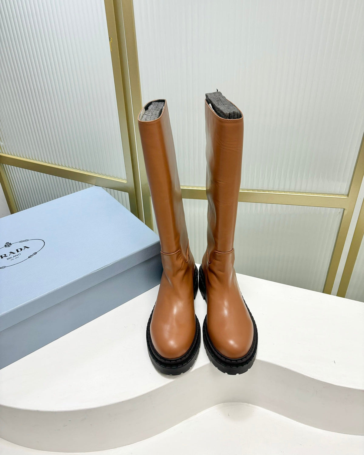 PRADA KNEE BOOTS WITH TRIANGLE LOGO IN CAMEL CALFSKIN