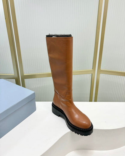 PRADA KNEE BOOTS WITH TRIANGLE LOGO IN CAMEL CALFSKIN