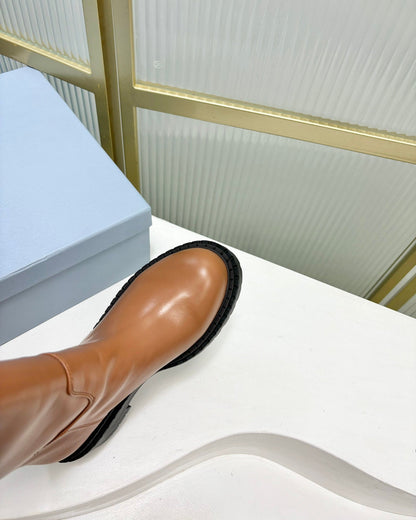 PRADA KNEE BOOTS WITH TRIANGLE LOGO IN CAMEL CALFSKIN