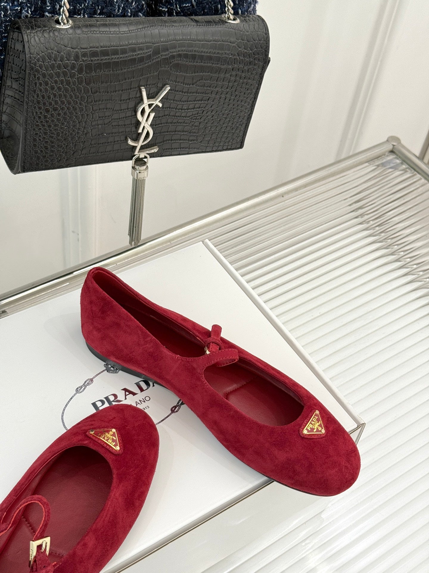 PRADA 25S SOFT PADDED BALLERINAS IN RK RED SUEDE