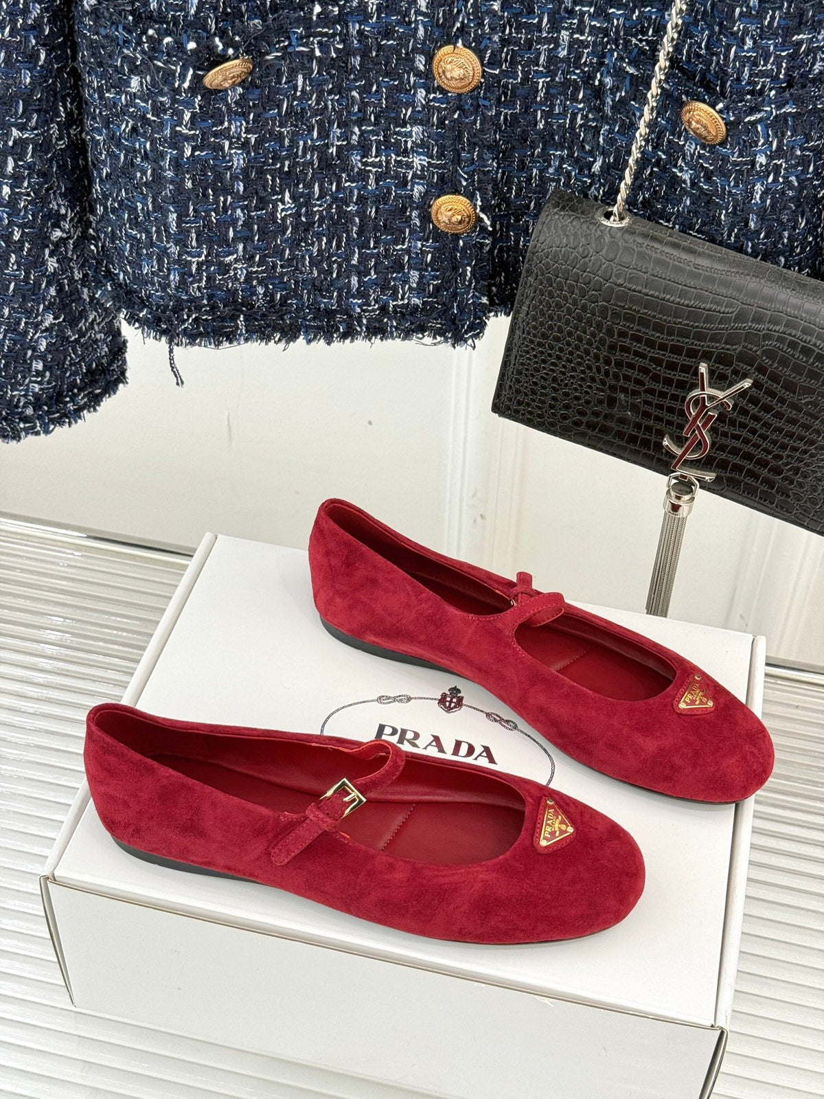 PRADA 25S SOFT PADDED BALLERINAS IN RK RED SUEDE