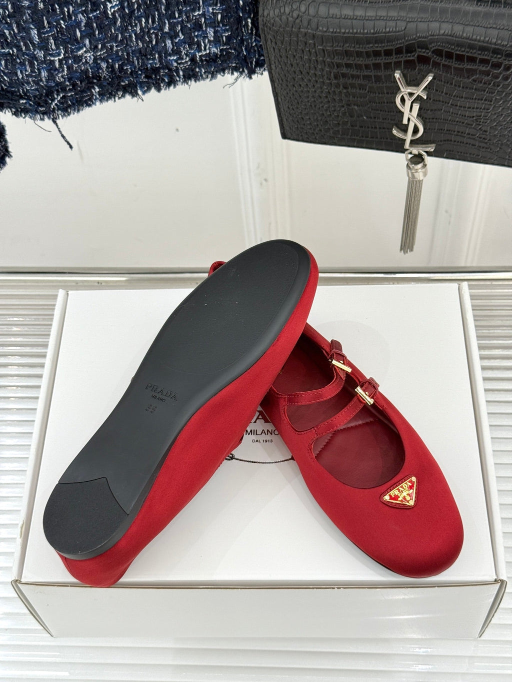 PRADA 25S DOUBLE STRAP BALLERINAS IN RED WINE SATIN