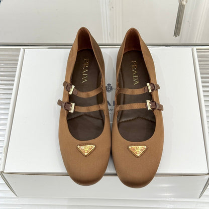 PRADA 25S DOUBLE STRAP BALLERINAS IN RK BROWN SATIN