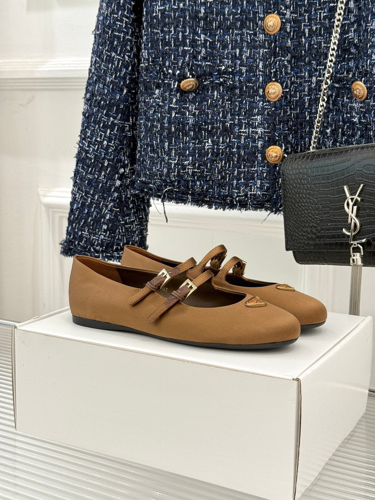 PRADA 25S DOUBLE STRAP BALLERINAS IN RK BROWN SATIN
