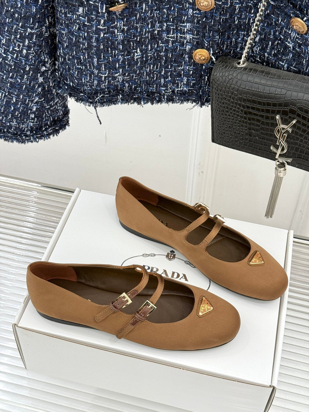 PRADA 25S DOUBLE STRAP BALLERINAS IN RK BROWN SATIN