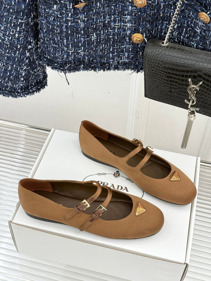 PRADA 25S DOUBLE STRAP BALLERINAS IN RK BROWN SATIN