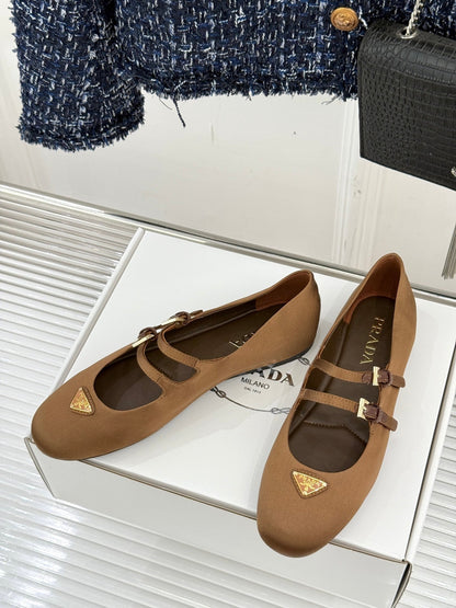 PRADA 25S DOUBLE STRAP BALLERINAS IN RK BROWN SATIN