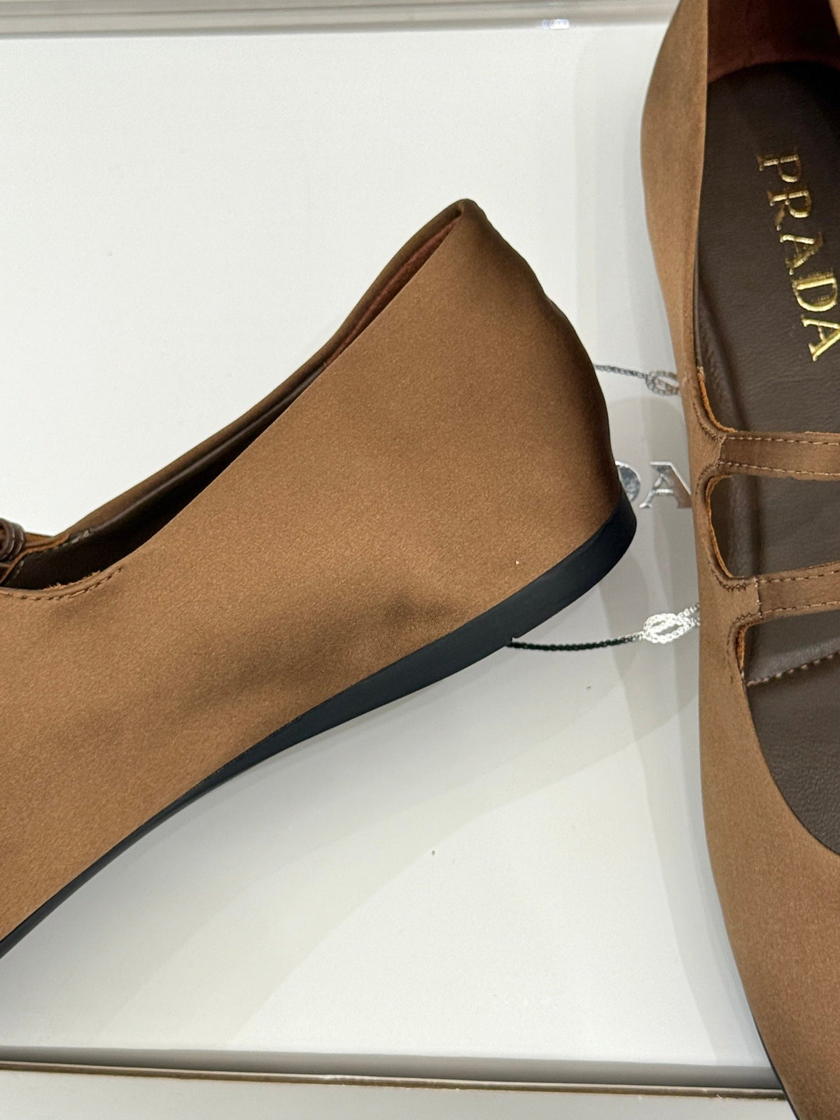 PRADA 25S DOUBLE STRAP BALLERINAS IN RK BROWN SATIN