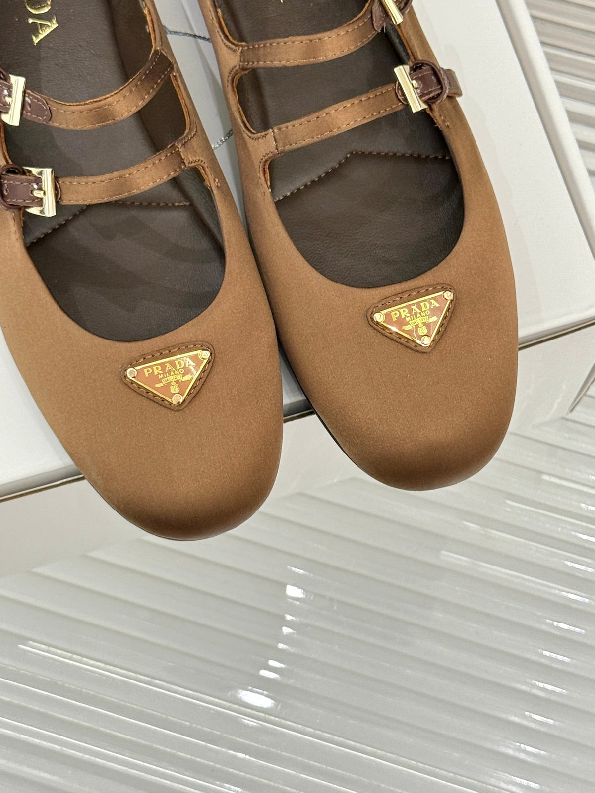 PRADA 25S DOUBLE STRAP BALLERINAS IN RK BROWN SATIN