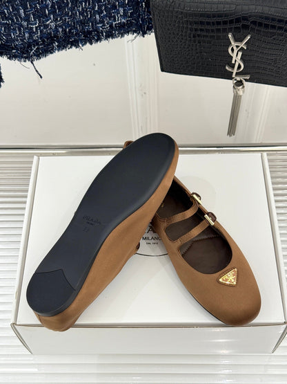 PRADA 25S DOUBLE STRAP BALLERINAS IN RK BROWN SATIN