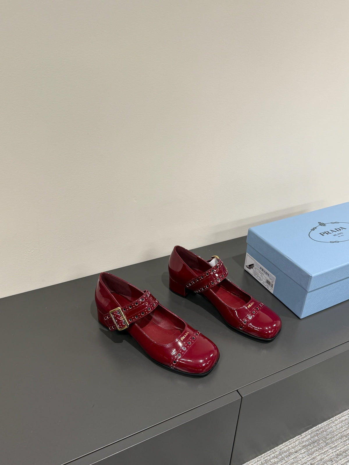 PRADA MARY JANE PUMPS IN BURGUNDY RED GLOSSY CALFSKIN