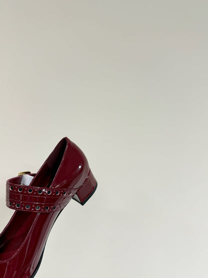PRADA MARY JANE PUMPS IN BURGUNDY RED GLOSSY CALFSKIN