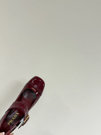 PRADA MARY JANE PUMPS IN BURGUNDY RED GLOSSY CALFSKIN