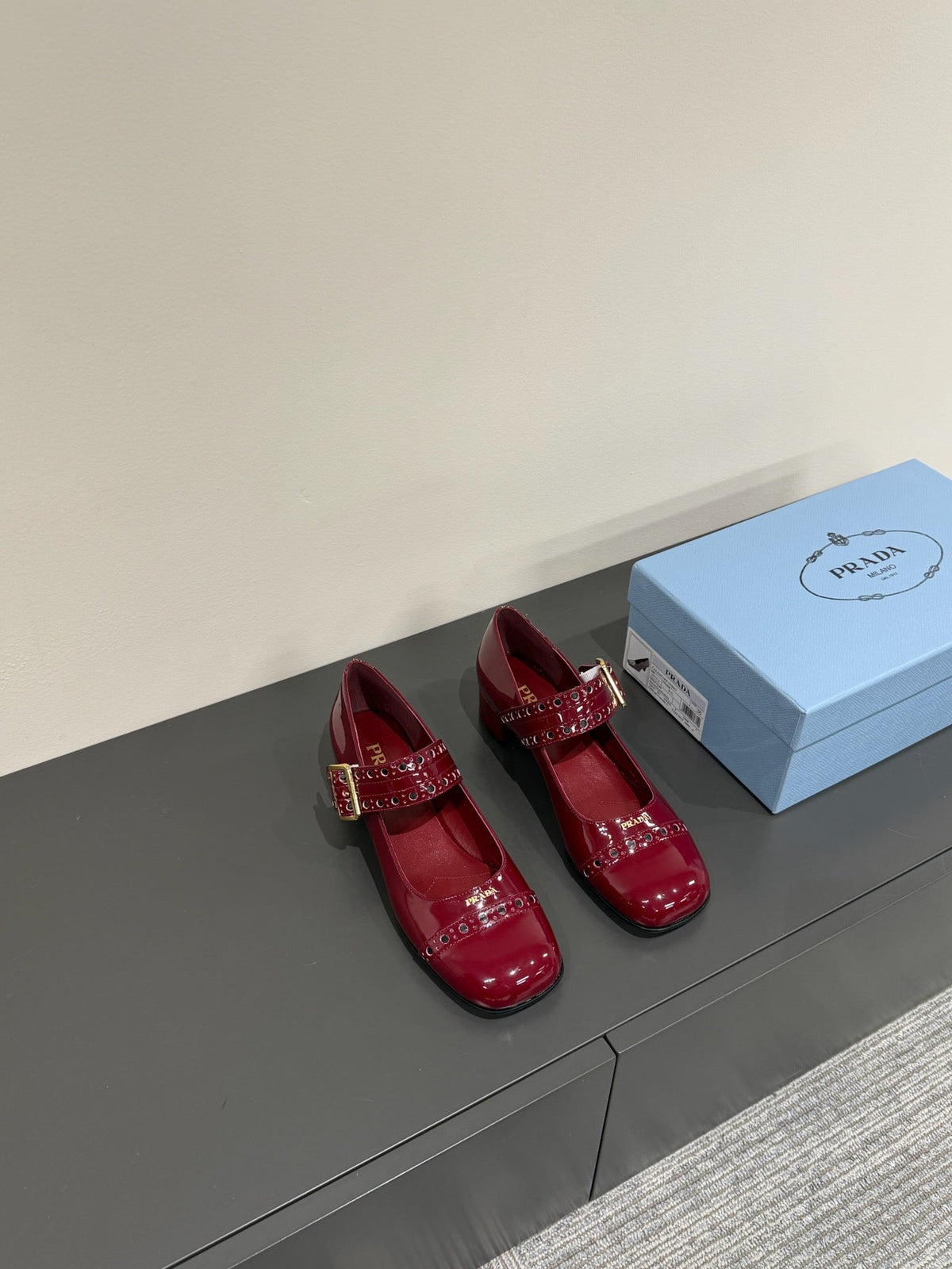 PRADA MARY JANE PUMPS IN BURGUNDY RED GLOSSY CALFSKIN