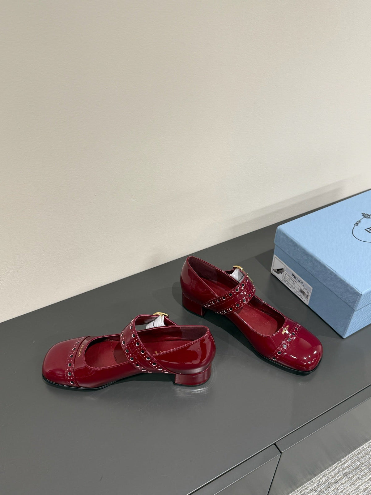 PRADA MARY JANE PUMPS IN BURGUNDY RED GLOSSY CALFSKIN