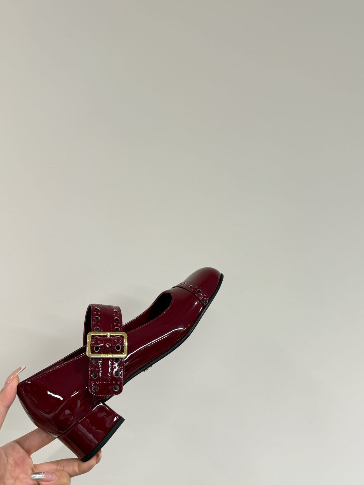 PRADA MARY JANE PUMPS IN BURGUNDY RED GLOSSY CALFSKIN