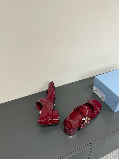 PRADA MARY JANE PUMPS IN BURGUNDY RED GLOSSY CALFSKIN