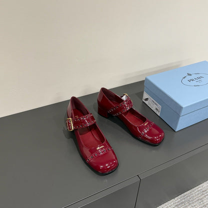 PRADA MARY JANE PUMPS IN BURGUNDY RED GLOSSY CALFSKIN