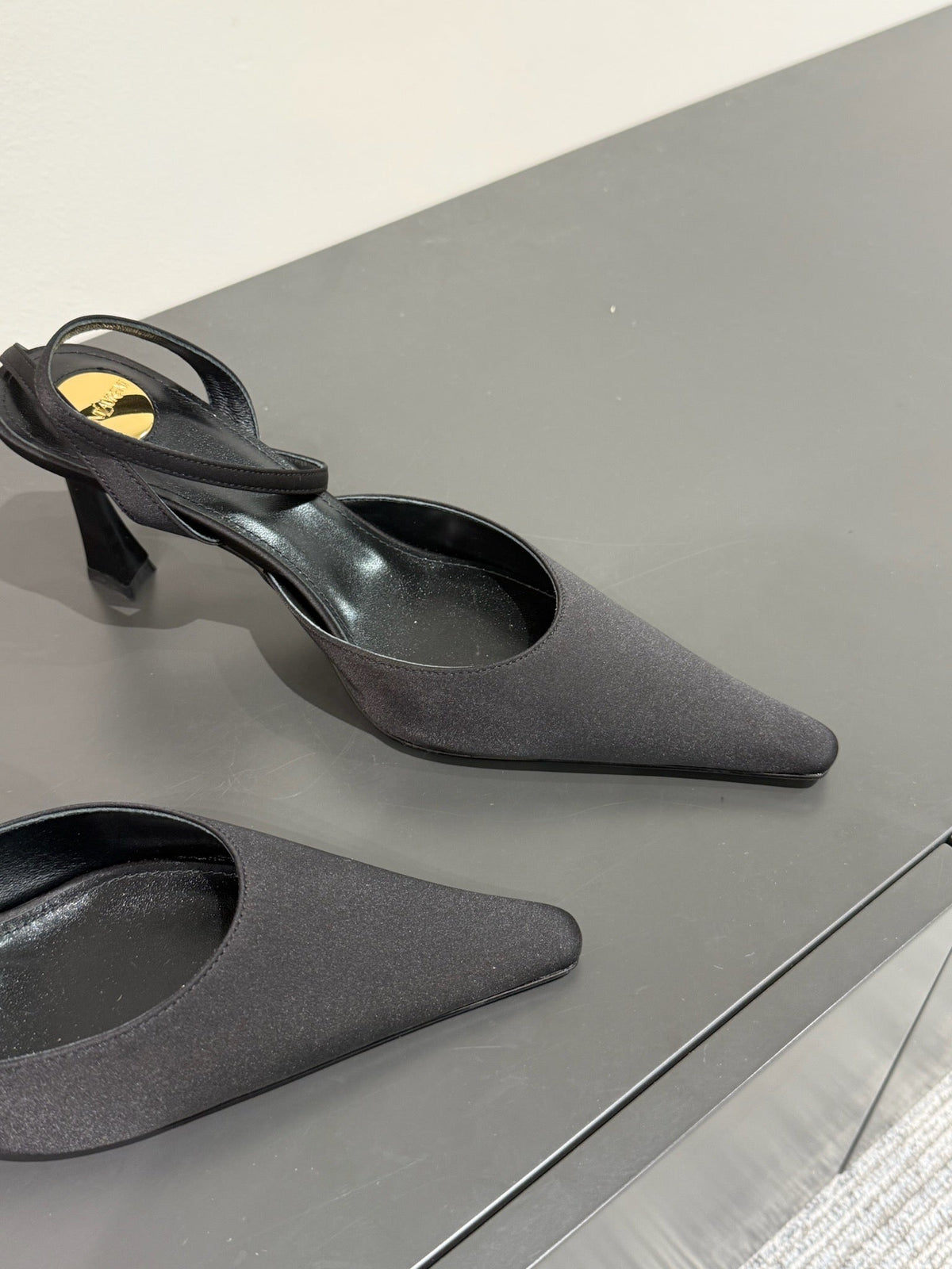 AIMÉE SLINGBACK PUMPS IN BLACK SATIN