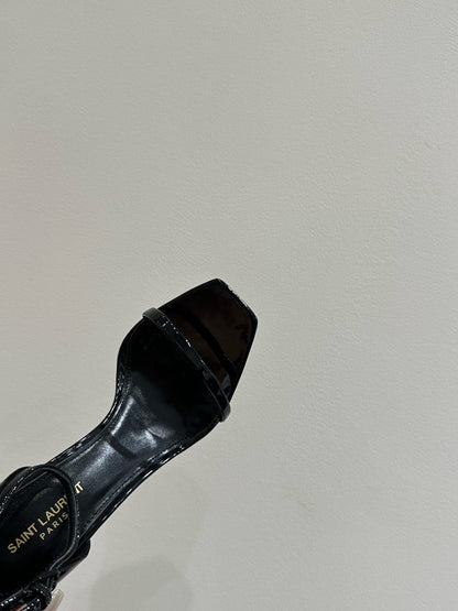 YSL HEELED SANDALS 25S 105 MM IN BLACK GLOSSY LAMBSKIN WITH GOLD HARDWARE
