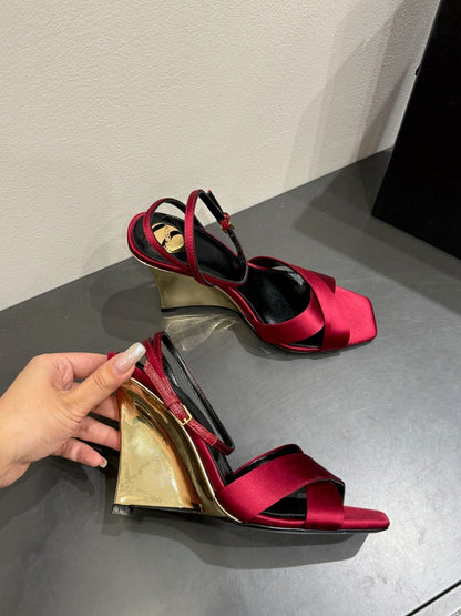 YSL STRAPPY WEDGE SANDALS 25S IN DARK RED SATIN