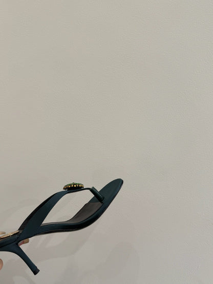 YSL HEELED THONG SANDALS 25S IN DARK ARMY GREEN SATIN WITH CRYSTAL