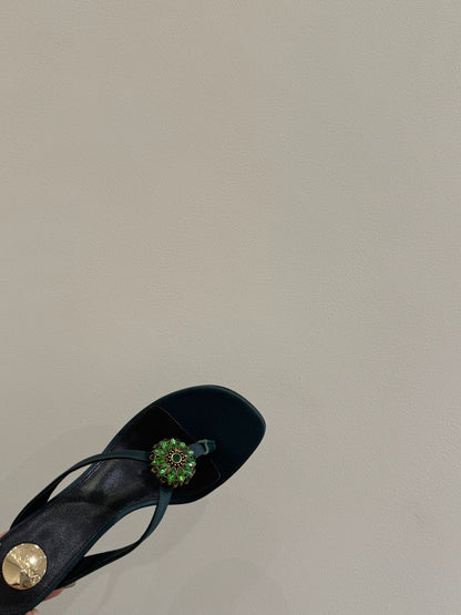 YSL HEELED THONG SANDALS 25S IN DARK ARMY GREEN SATIN WITH CRYSTAL