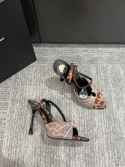 YSL HEELED SANDALS 25S 100 MM IN LEOPARD PRINT LAMBSKIN