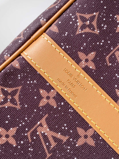 LOUIS VUITTON LV 25S KEEPALL 50 MONOGRAM CRYSTALS IN DARK PURPLE CANVAS AND CALFSKIN TRIM