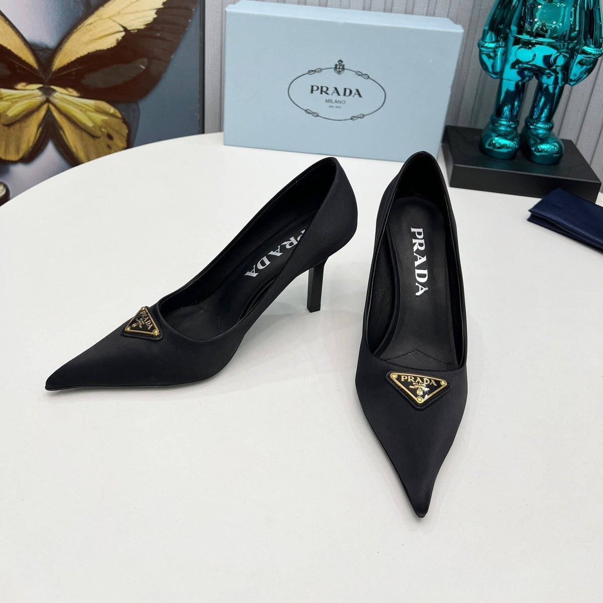 PRADA HIGH-HEEL PUMPS IN BLACK SATIN