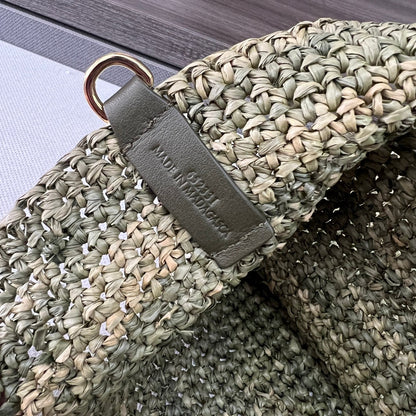 LOEWE 25S SLIT TOTE BAG 30 IN OLIVE DRAB RAFFIA CANVAS SHOULDER STRAP