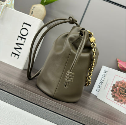 LOEWE LOE 32 FLAMENCO PURSE BUCKET IN ARMY GREEN LAMBSKIN