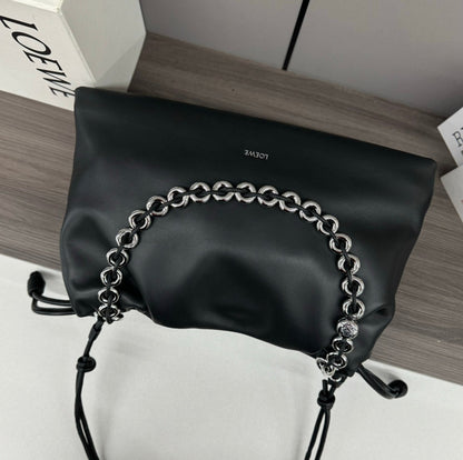 LOEWE LOE LARGE 41 FLAMENCO PURSE BUCKET IN BLACK LAMBSKIN SILVER HARDWARE