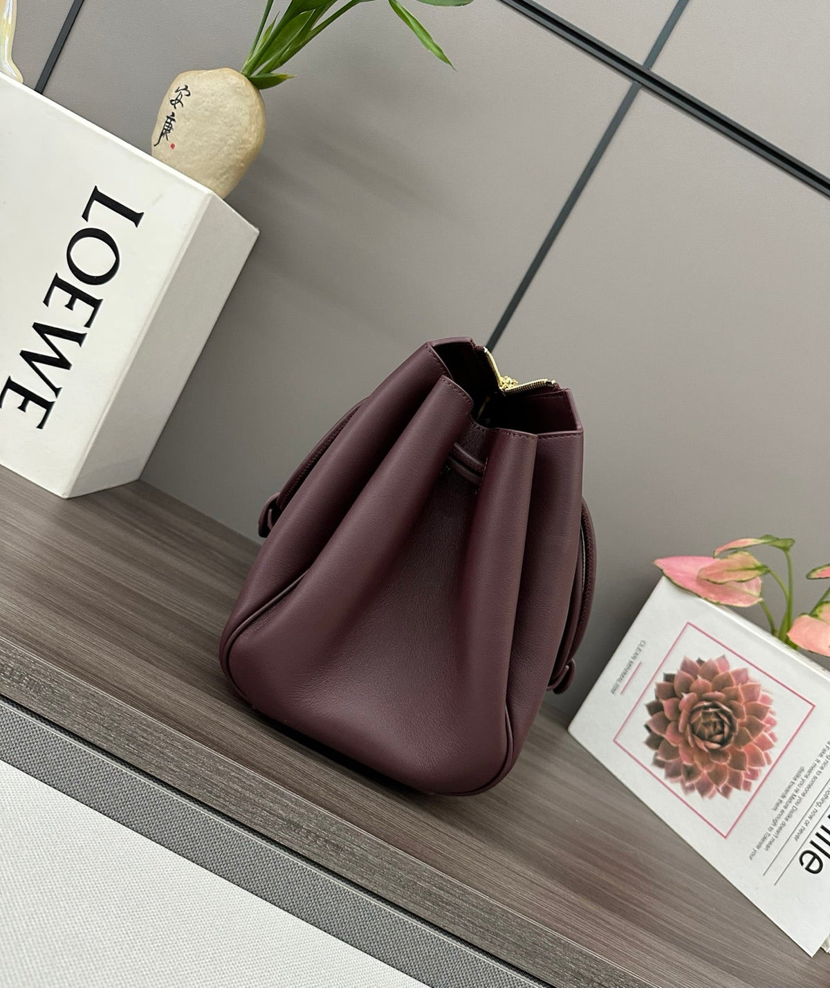 LOEWE 25S MADRID BAG 28 IN DARK WINE CALFSKIN GOLD HARDWARE