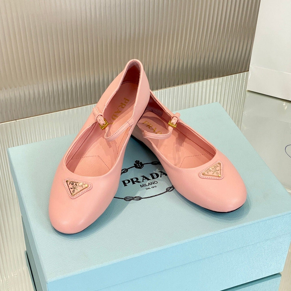 PRADA NAPPA MARY JANE FLAT ROSE LAMBSKIN