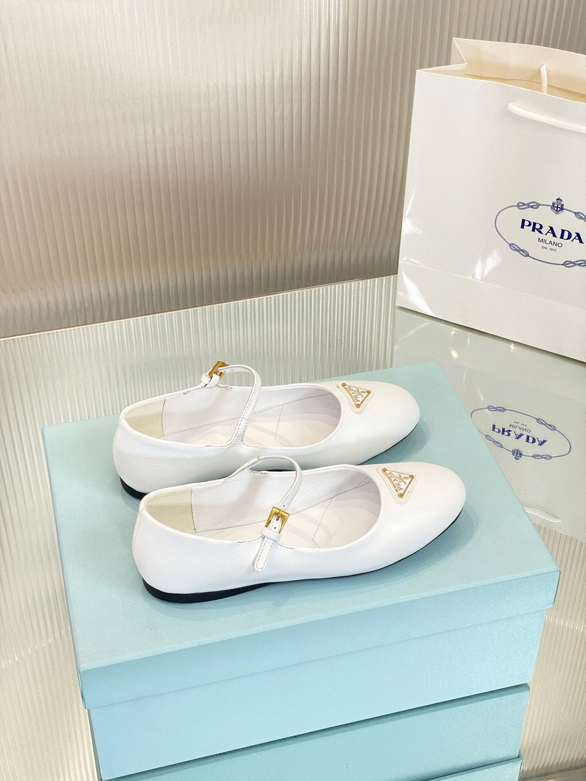 PRADA NAPPA MARY JANE FLAT WHITE LAMBSKIN