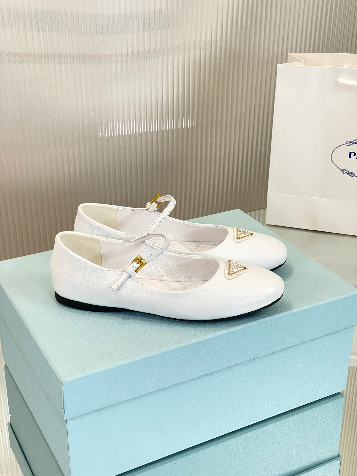 PRADA NAPPA MARY JANE FLAT WHITE LAMBSKIN