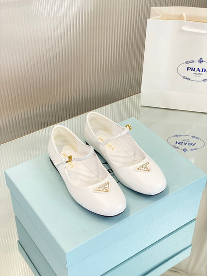 PRADA NAPPA MARY JANE FLAT WHITE LAMBSKIN