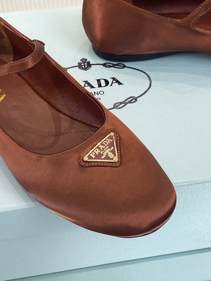 PRADA NAPPA MARY JANE FLAT BROWN SATIN