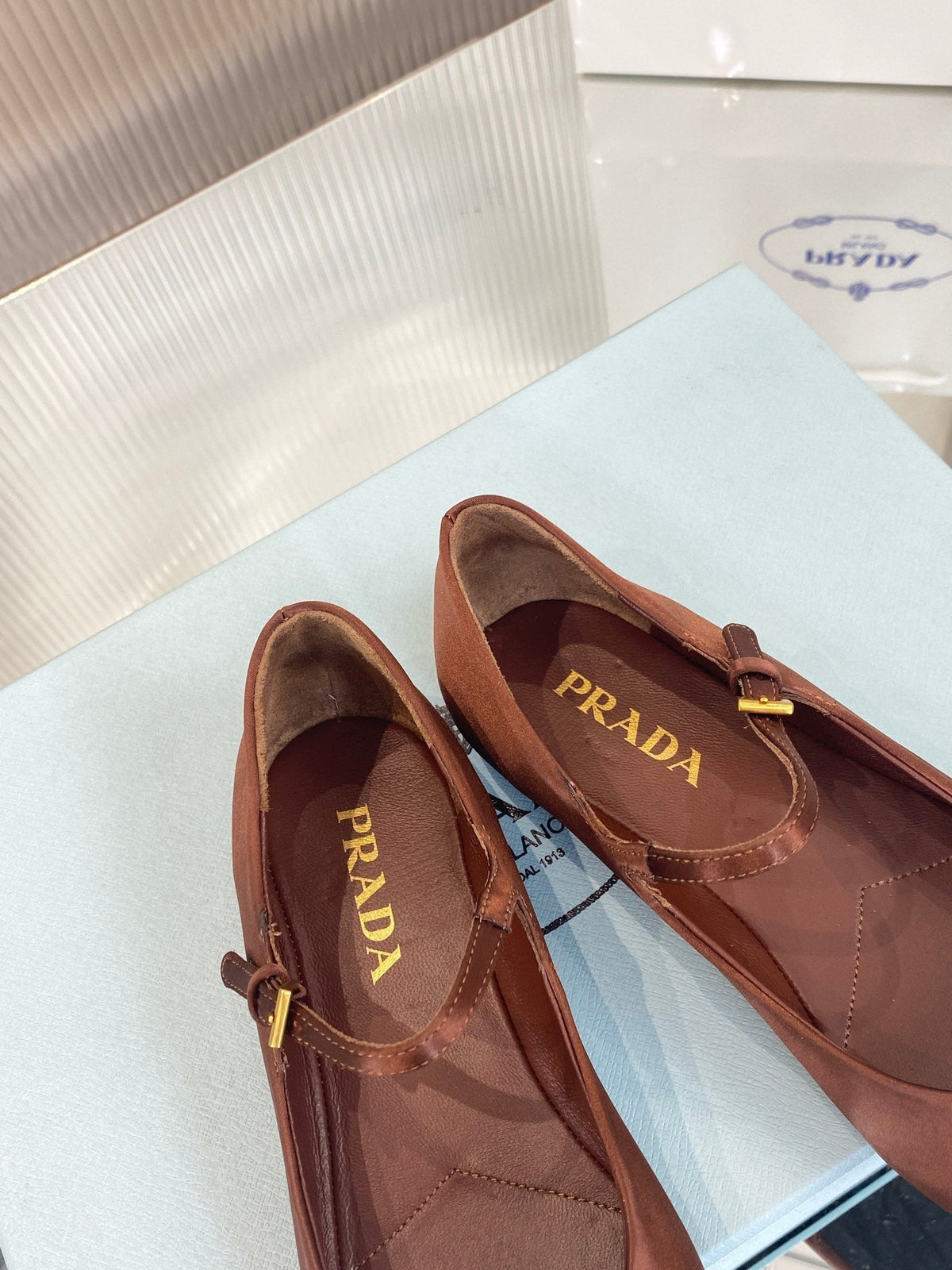 PRADA NAPPA MARY JANE FLAT BROWN SATIN