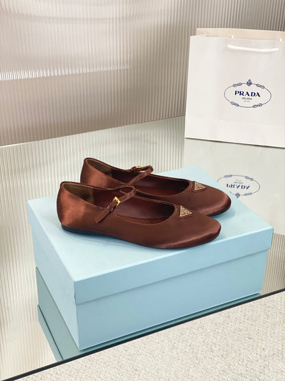 PRADA NAPPA MARY JANE FLAT BROWN SATIN