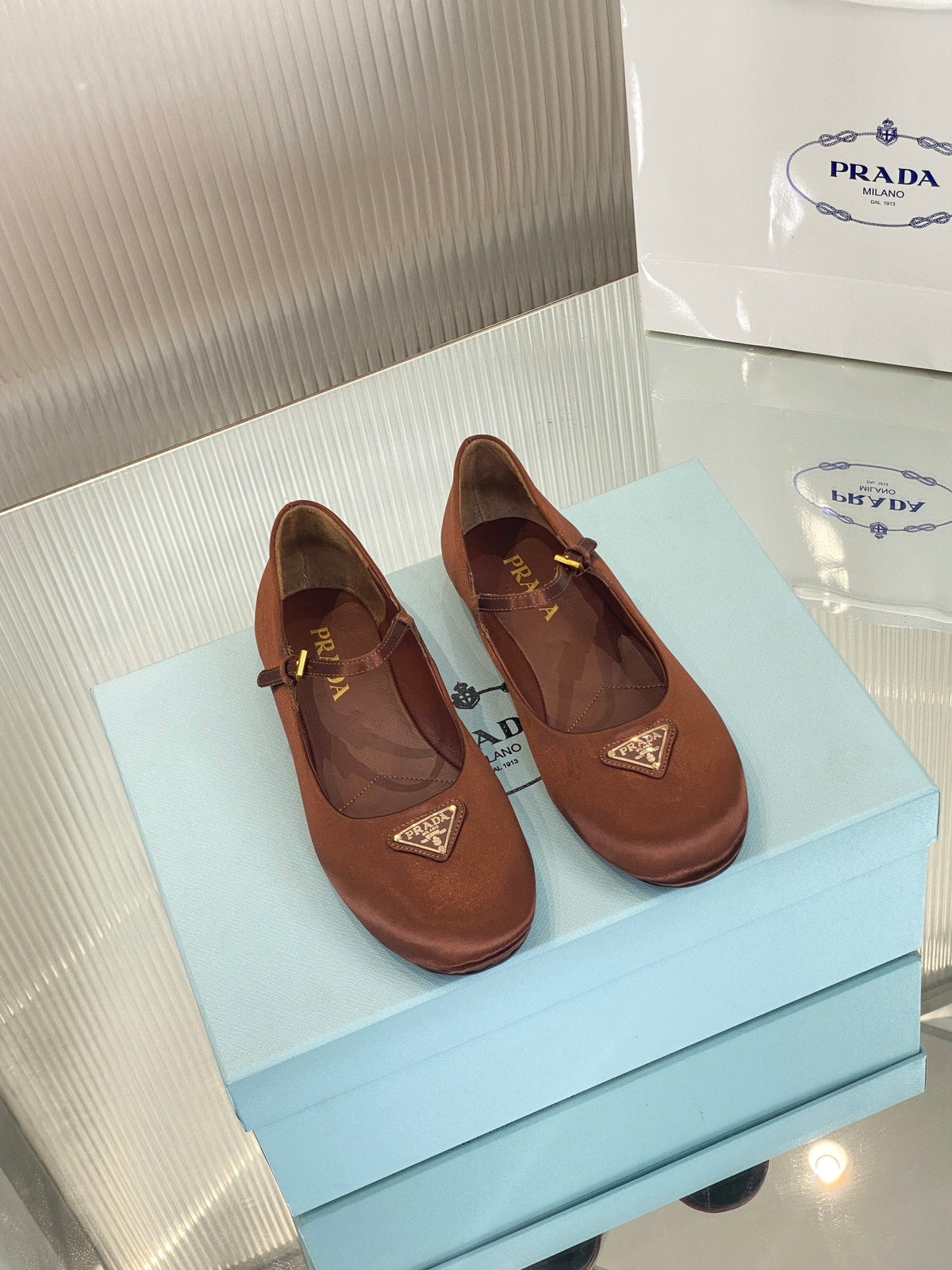 PRADA NAPPA MARY JANE FLAT BROWN SATIN