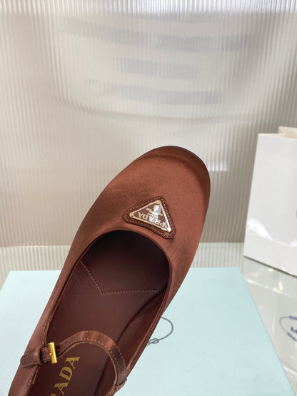 PRADA NAPPA MARY JANE FLAT BROWN SATIN