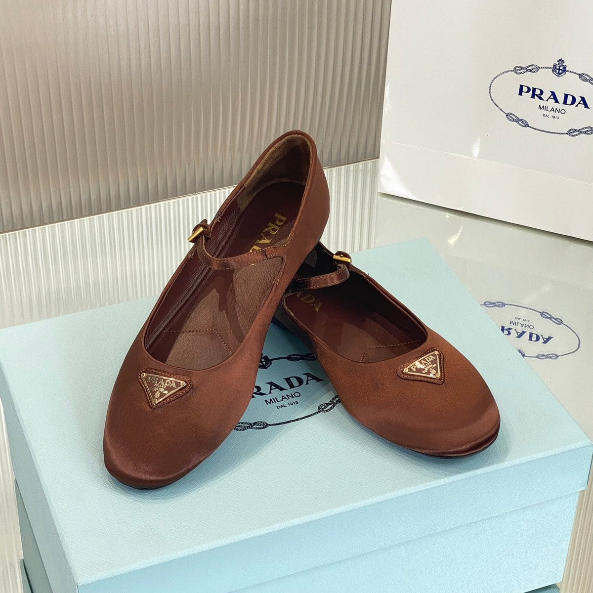 PRADA NAPPA MARY JANE FLAT BROWN SATIN