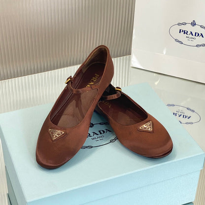 PRADA NAPPA MARY JANE FLAT BROWN SATIN