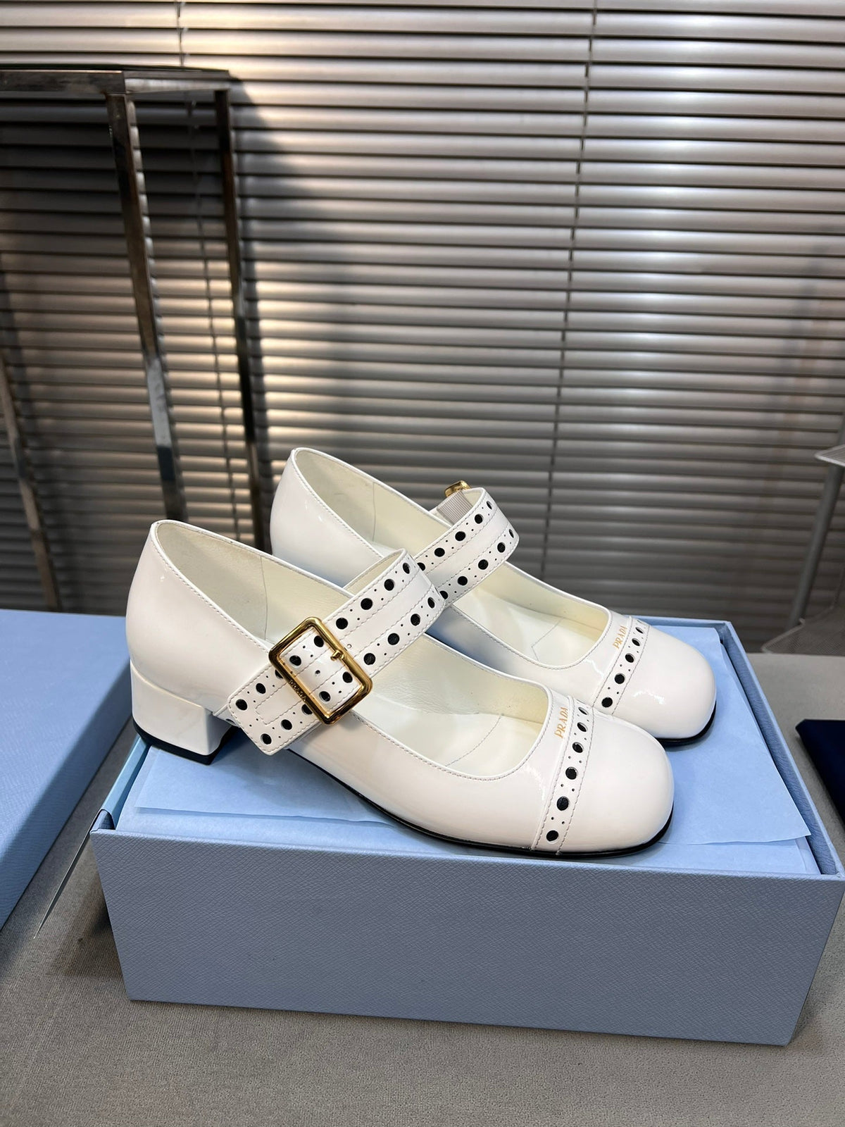 PRADA MARY JANE PUMPS IN WHITE GLOSSY CALFSKIN