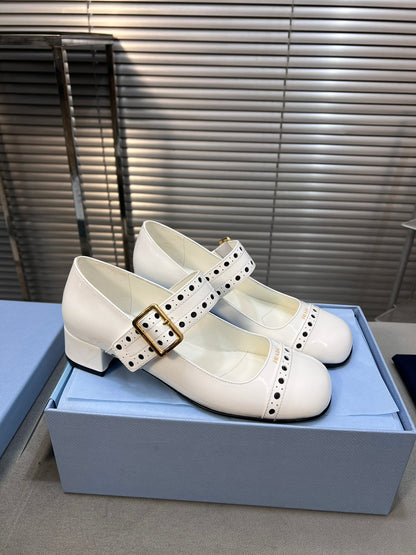 PRADA MARY JANE PUMPS IN WHITE GLOSSY CALFSKIN