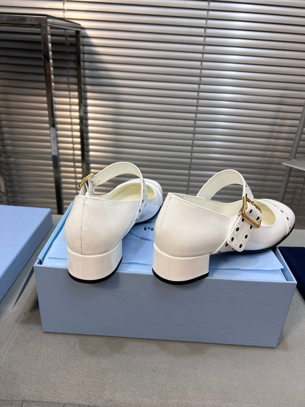 PRADA MARY JANE PUMPS IN WHITE GLOSSY CALFSKIN